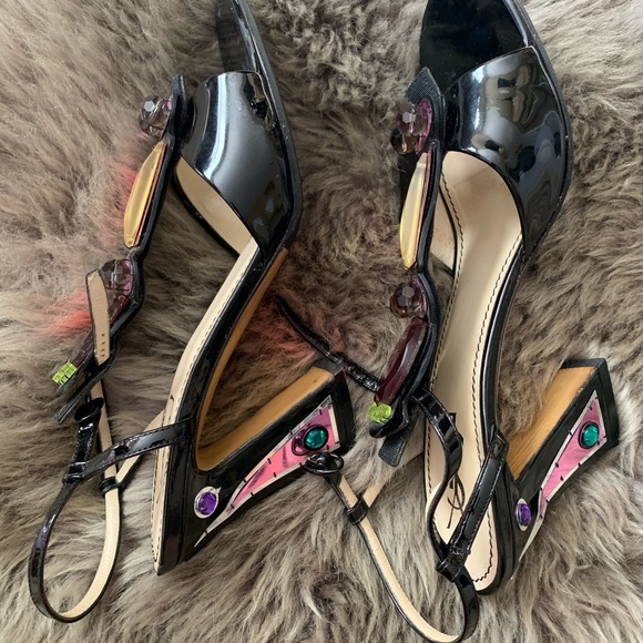 Yves Saint Laurent Patent Leather Crystal Embellishments T-Strap Sandals - Picture 8 of 8